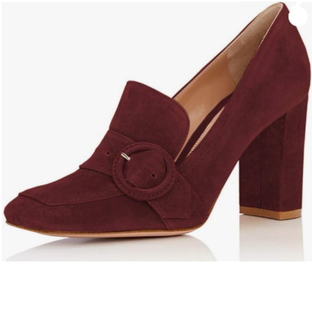 Ydn Wine Chunky High Heels Square Toe Loafers Shoes Slip On Suede Office Pumps